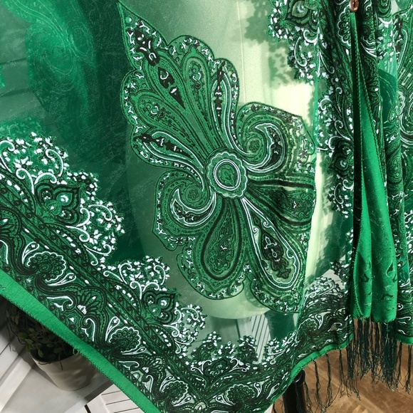 Vintage Y2K Sheer Lace Poncho Bohemian Floral Fringe Green - Picture 11 of 11
